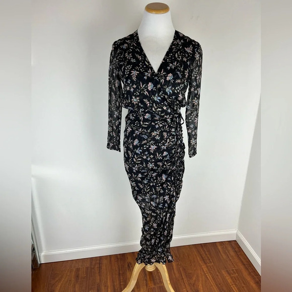 Veronica Beard Merrill Drawstring Silk Long Sleeve Midi Dress Black Size 0 - Picture 7 of 13